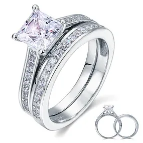 1.5 Carat Princess Cut Created Zirconia 925 Sterling Silver 2-Pcs Wedding Engagement Ring Set MJXFR8009S