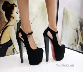 Black Suede Ankle Strap Platform High Red Heels