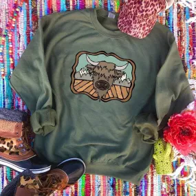 HIGHLAND COW and the MOUNTAINS on Military Sweatshirt